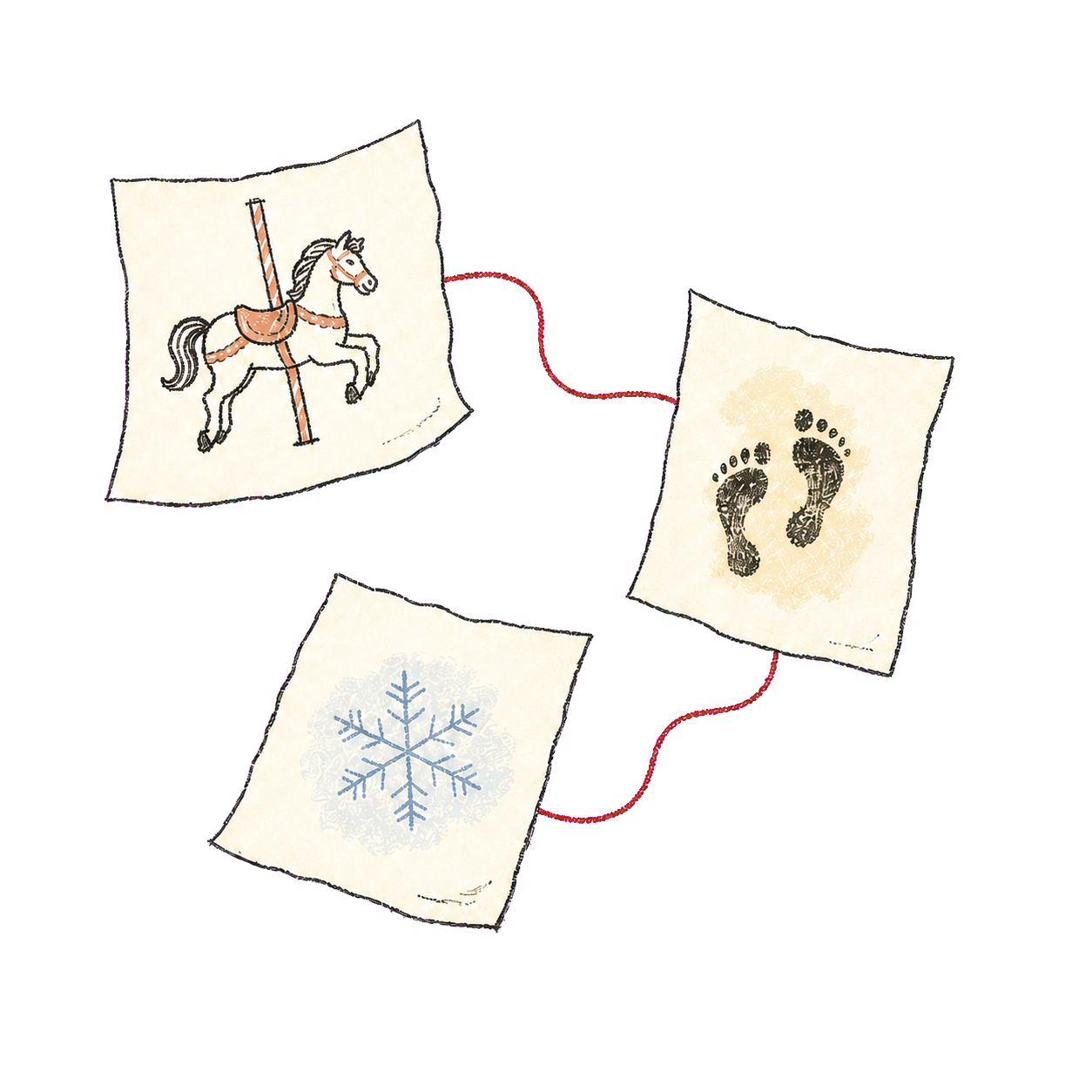 Tre fogli illustrati, collegati da un filo rosso: un cavallo da giostra, due impronte e un fiocco di neve